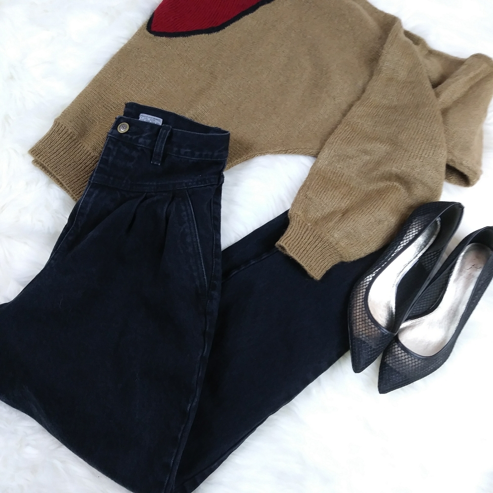 Vintage black jean structured mom high waist pleat
